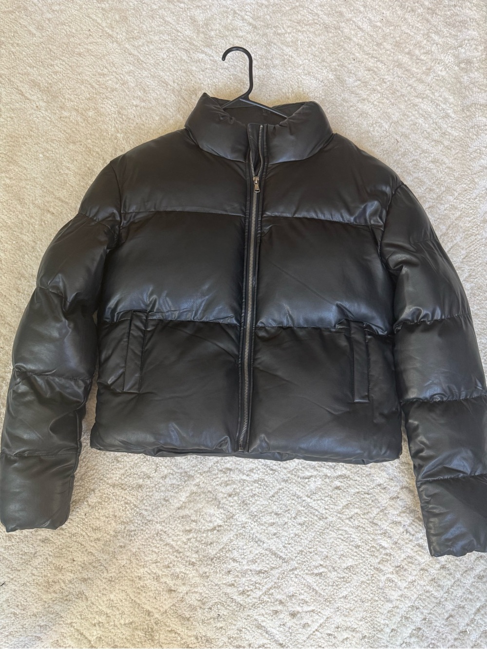 12th Tribe Black Faux Leather Cropped Puffer Jacket
